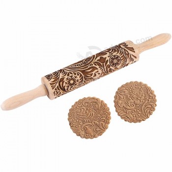 Natural House French Christmas Beech Wooden Embossing Backing Rolling Pin