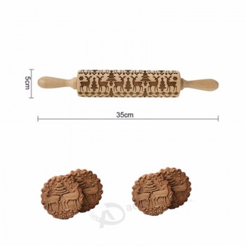 Solid wood roller carved pattern embossed biscuit rolling pin