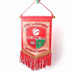 custom sublimatie transfer printen sportclub logo satijn hangend Autovlaggen vlaggen met kwastjes