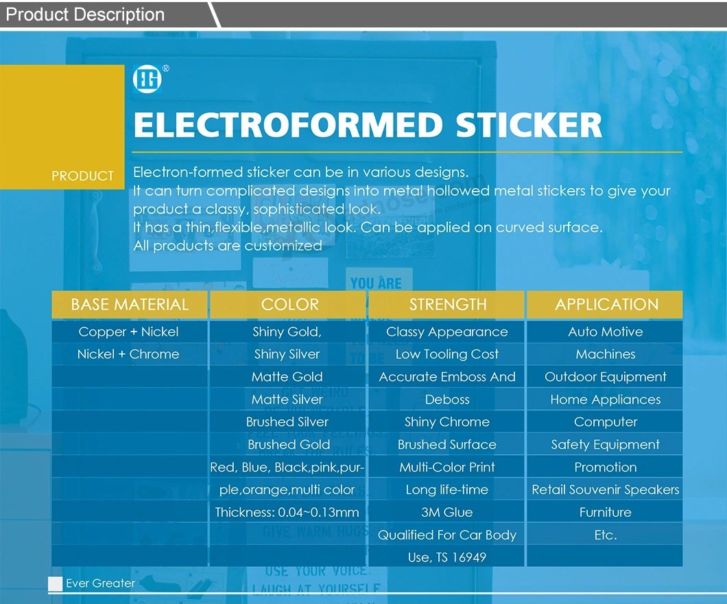 Custom electroforming Sticker metal Adhesive nickel Stickers