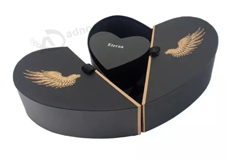 Black color Ribbon Tie open Design custom Jewelry ring Packing heart Shaped Box