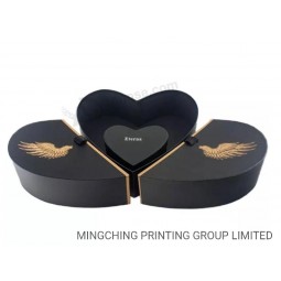 Black Color Ribbon Tie Open Design Custom Jewelry Ring Packing Heart Shaped Box