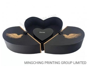 Black Color Ribbon Tie Open Design Custom Jewelry Ring Packing Heart Shaped Box