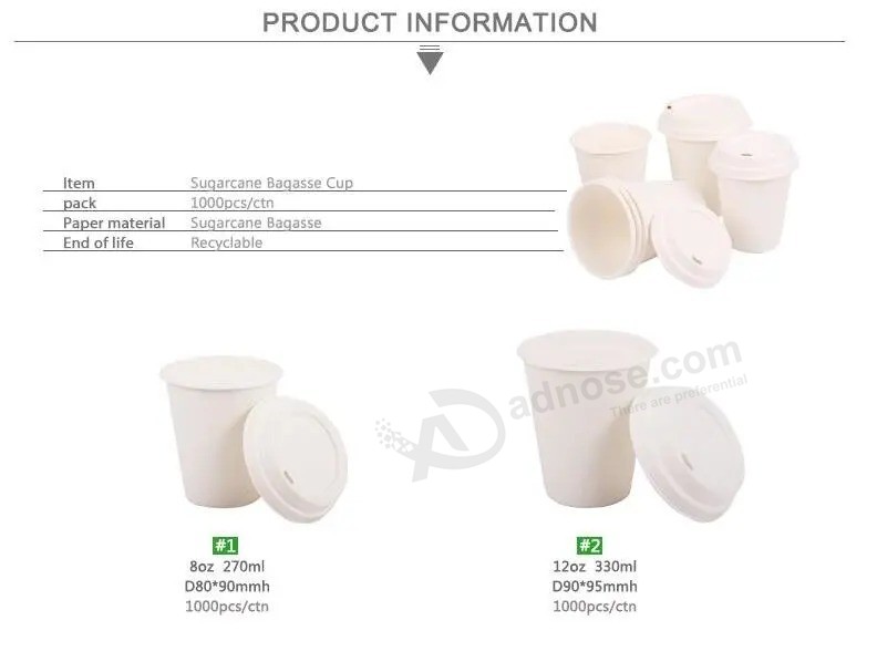 Taza de café de papel desechable de pared única de bagazo de caña de azúcar ecológico compostable personalizado de 12 oz taza de bebida caliente