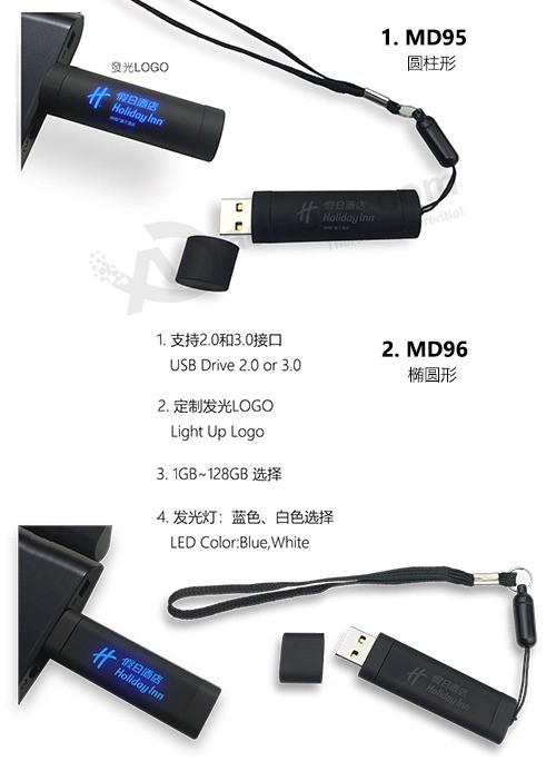 Sonderanfertigung Beliebte Metall USB-Flash-Laufwerk Speicher Stick Memorias Disk on Key Kunststoff Lumineszenz
