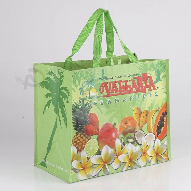 La bolsa de asas de compras de frutas tejida PP no tejida de laminación brillante de 120gsm de alta resistencia promocional, bolsa de supermercado tejida PP