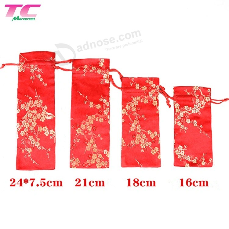 Chinese Style Satin Red Embroidery Drawstring Promotional Jewelry Gift Bag