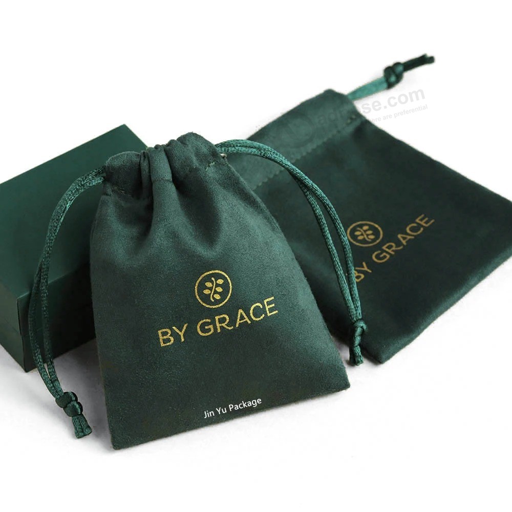 Saco de bolsa de presente de veludo verde escuro com cordão e embalagem de joias