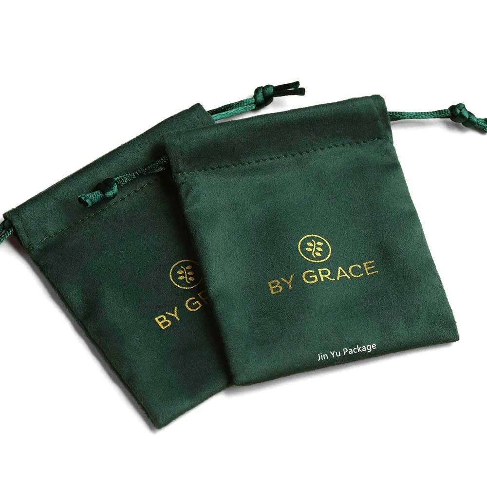 Saco de bolsa de presente de veludo verde escuro com cordão e embalagem de joias