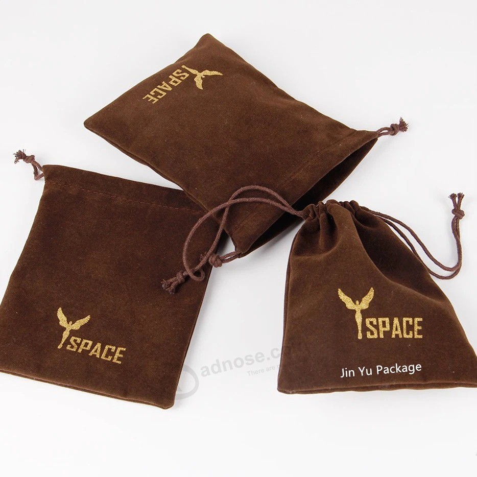 Custom brown Velvet jewelry Gift pouch Bags with Gold Logo