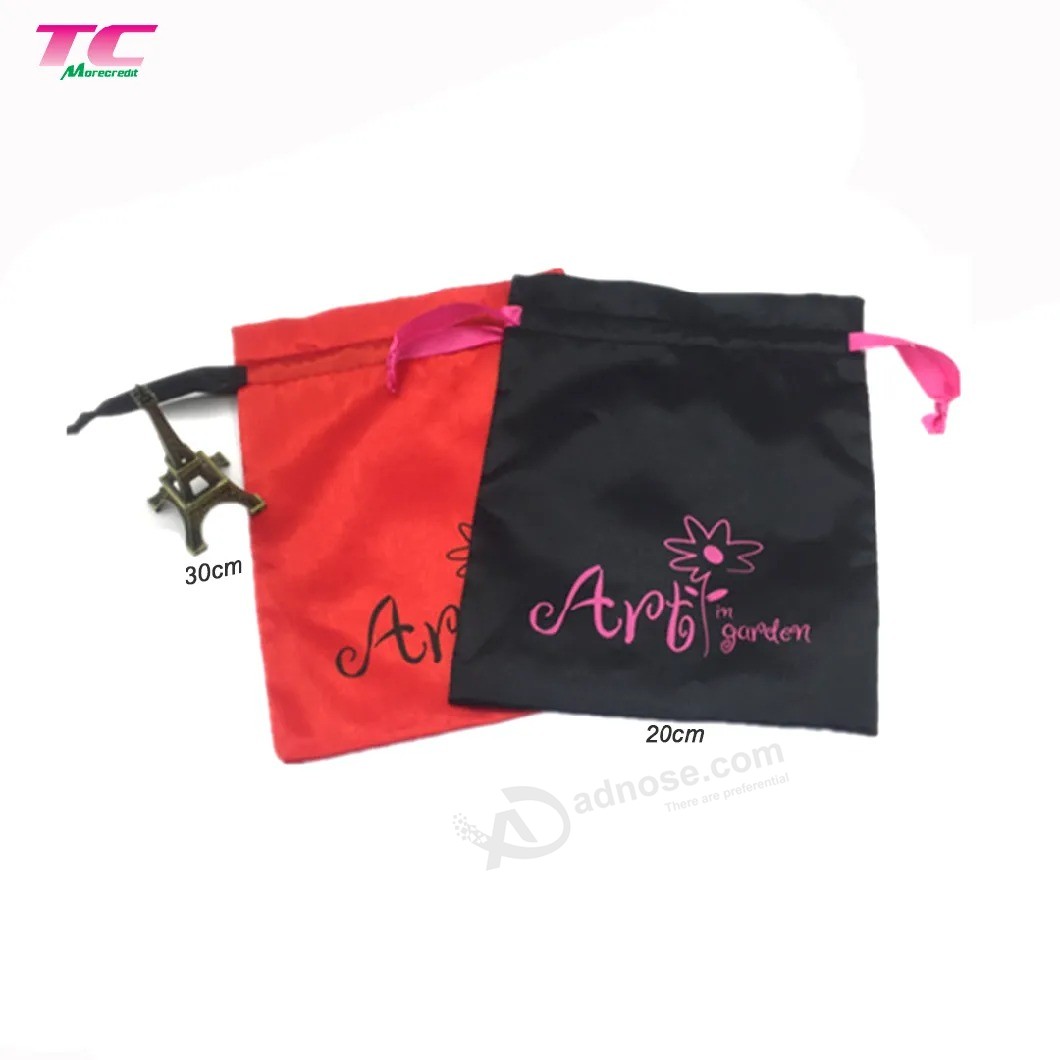 Custom printed Gold logo Black satin Bag Factory, wholesale Small silk Gift bags for Jewelry, Cosmetic, Garment, hair Packaging