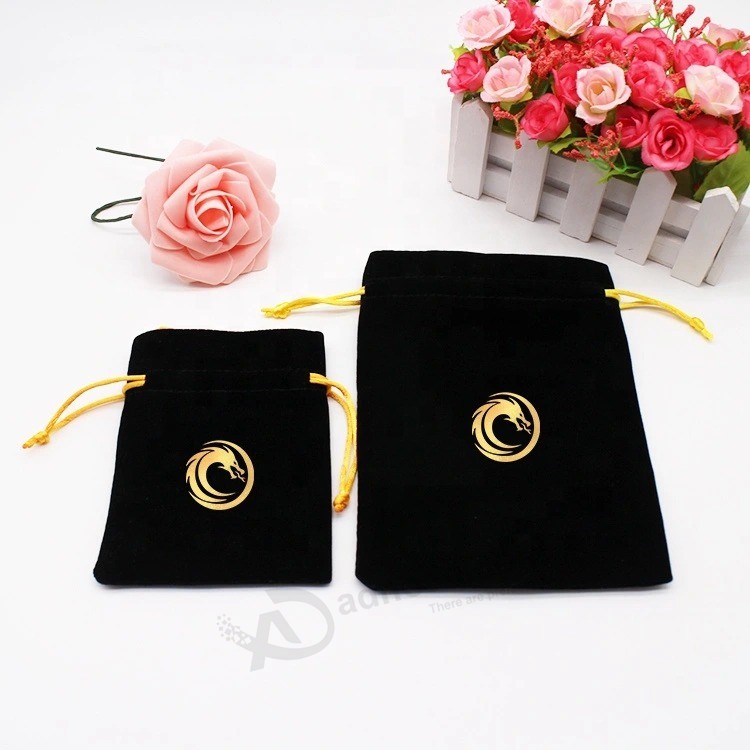 Velvet drawstring Bag,Wholesale custom Golden logo Promoional black Polyester satin Fabric lining Pouch dice Jewelry watches Perfume packaging Gift shopping Bag
