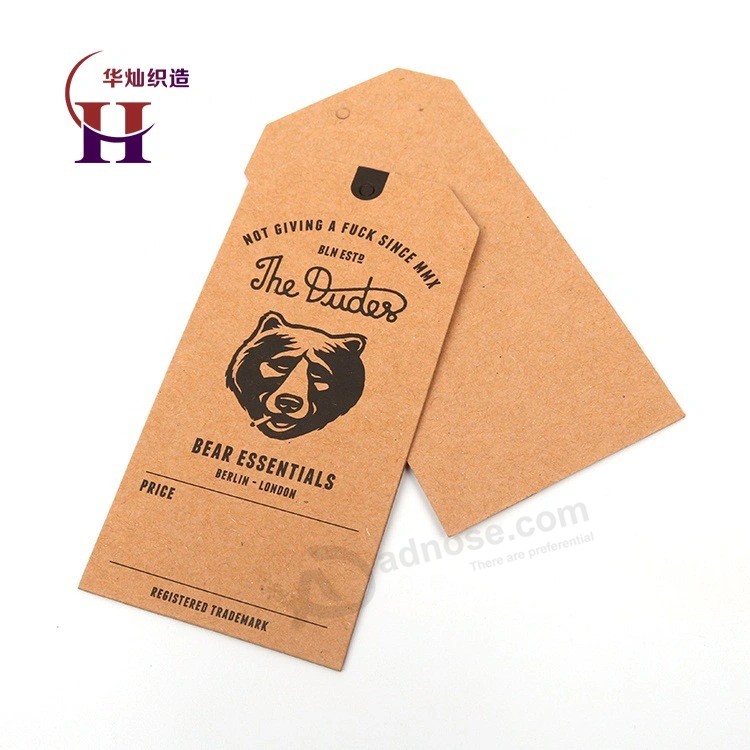 Китайская этикетка Изготовитель индивидуальной печати Печатный медведь Логотип бренда животных переработанная крафт-бумага Джинсовые бирки с люверсами