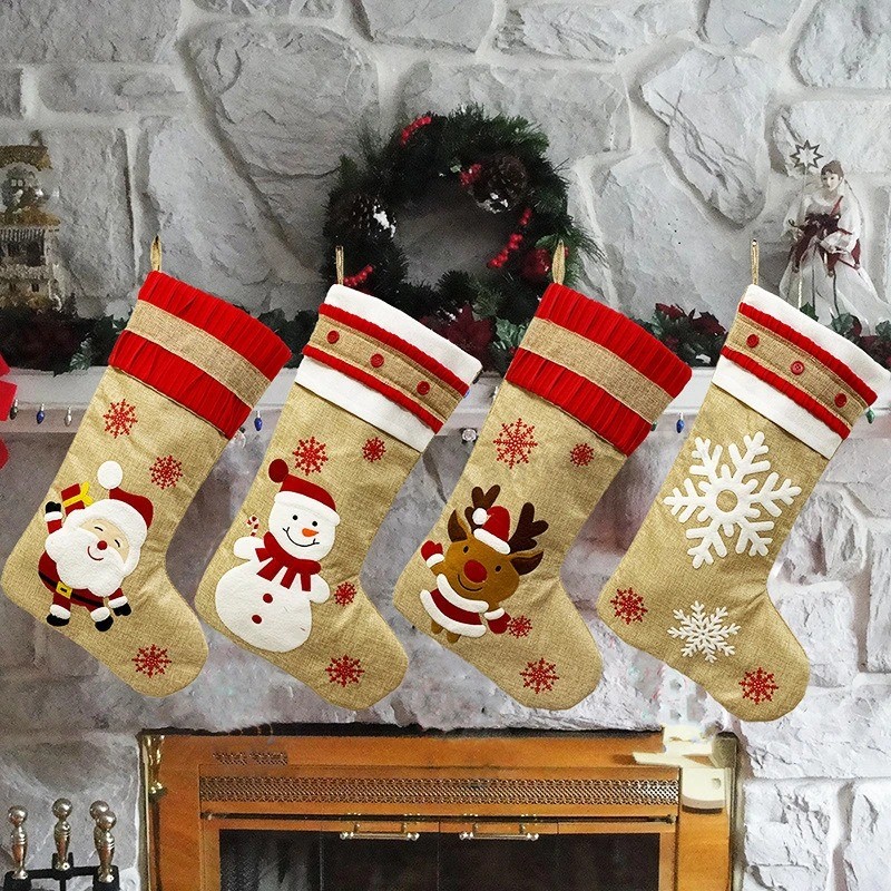 Decorações de festa de Natal infantil Doces de Natal Bolsa de presente grande de estopa bordada com meia de Natal
