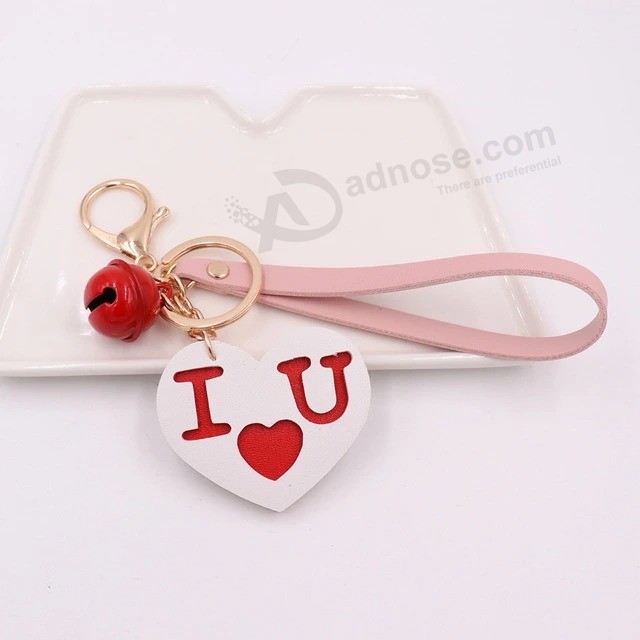 Wholesale price christmas Valentine's Day gift Heart shape with bells Leather couple Keychain Gift