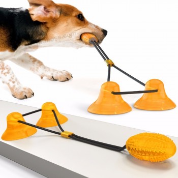 Respectueux de l’environnement stocké indestructible en caoutchouc chien traiter boule ventouse chien jouets pour animaux de compagnie avec 2 corde à ventouse