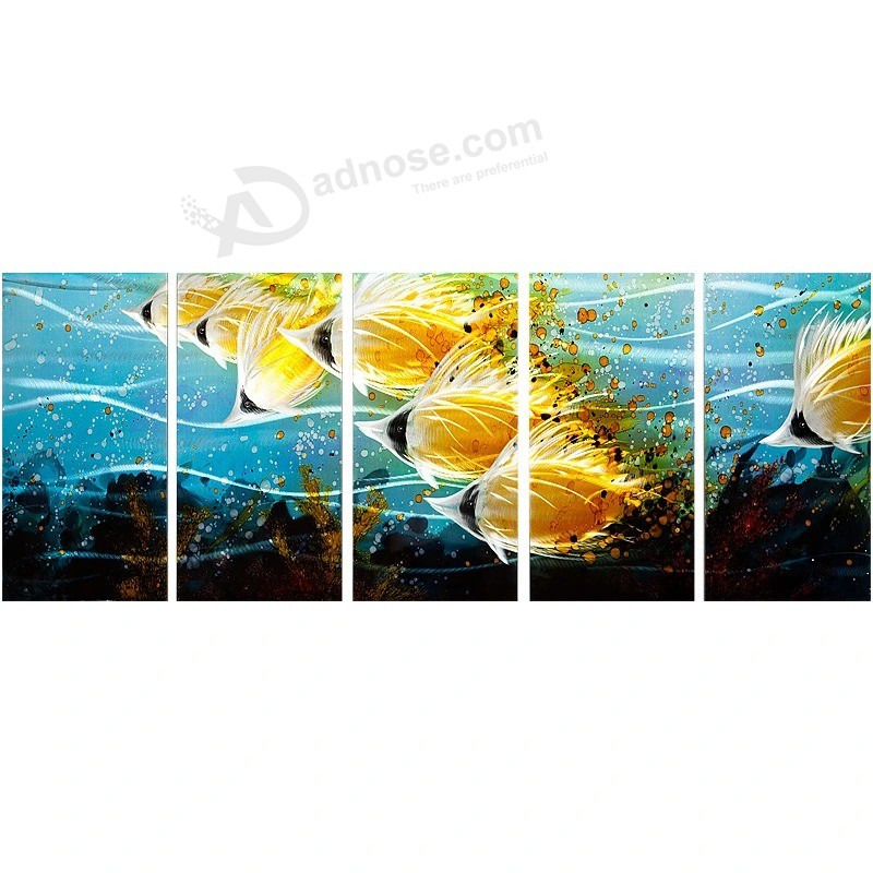 Decoración interior del arte de la pared de la pintura al óleo de la artesanía del metal de los pescados tropicales 3D