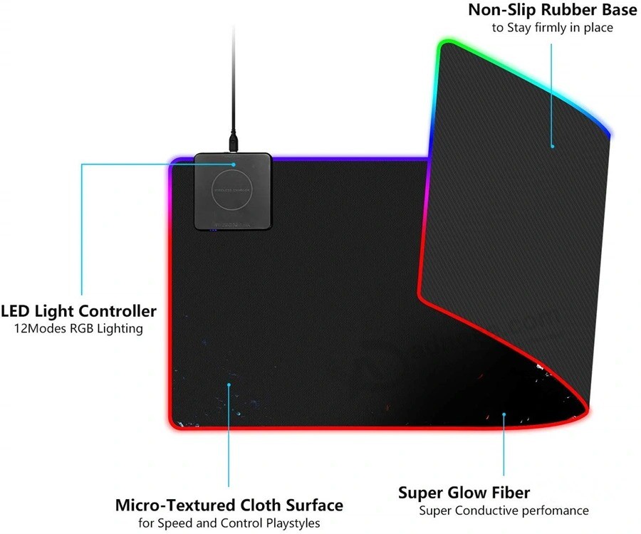 Caricatore wireless Logo personalizzato Ricarica wireless Mouse pad da gioco con LED RGB di grandi dimensioni