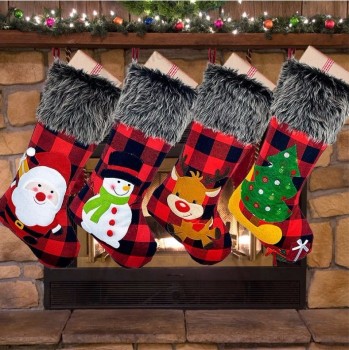 Red Black Large Plaid with Burlap Christmas Stocking Plush Faux Fur Cuff Christmas Sock Gifts for Xmas Party Decorations