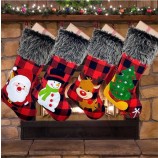 Rood Zwart Groot Geruit met Jute Kerstkous Pluche Nepbont Manchet Kerst Sok Cadeaus voor Kerstfeest Decoraties