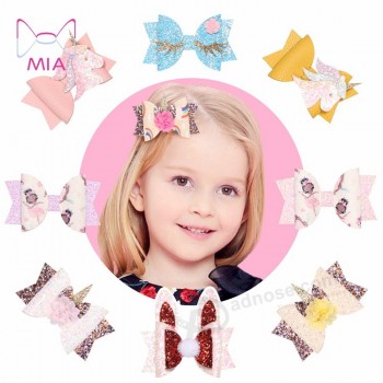 MIA 90207ユニコーンヘアピングリッターレザー子供用ヘアアクセサリー二層バラウサギ耳プリンセスホリデーヘアボウ