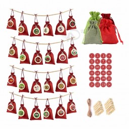 24 Days Christmas Countdown Calendar Bags Burlap Hanging Advent Calender Countdown Pouches Sacks for Xmas Home Office Party Deco