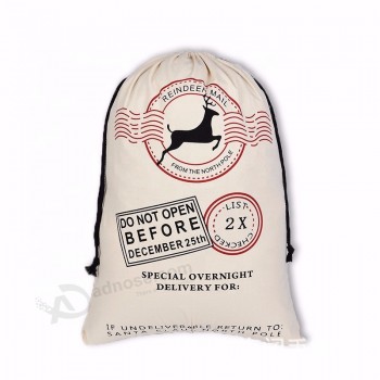 Groothandel Katoen Grote Gelukkig Nieuwjaar Xmas Santa Sack Trekkoord Canvas Gift Bag Kerst Tas