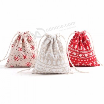 Chine fournisseurs en gros respectueux de l’environnement durable géré réutilisable coton cordon de serrage sacs cadeaux en tissu de noël