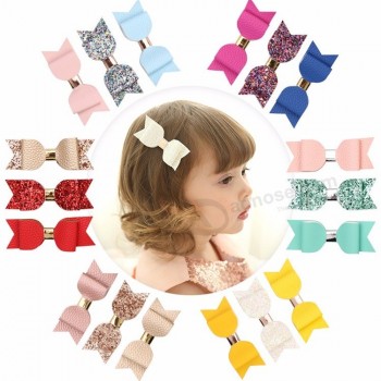 Nieuw product Lente roze sprankeling haaraccessoires set glitter haarclips cadeauset met mini lederen haarstrik voor babymeisje