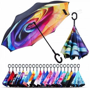 Wholesale Custom C Handle Windproof Reverse Invert Umbrella Double Layer 49