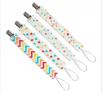 Wholesale Baby Feeding Pacifier Holder 100% Cotton Ribbon Metal Pacifier Clip
