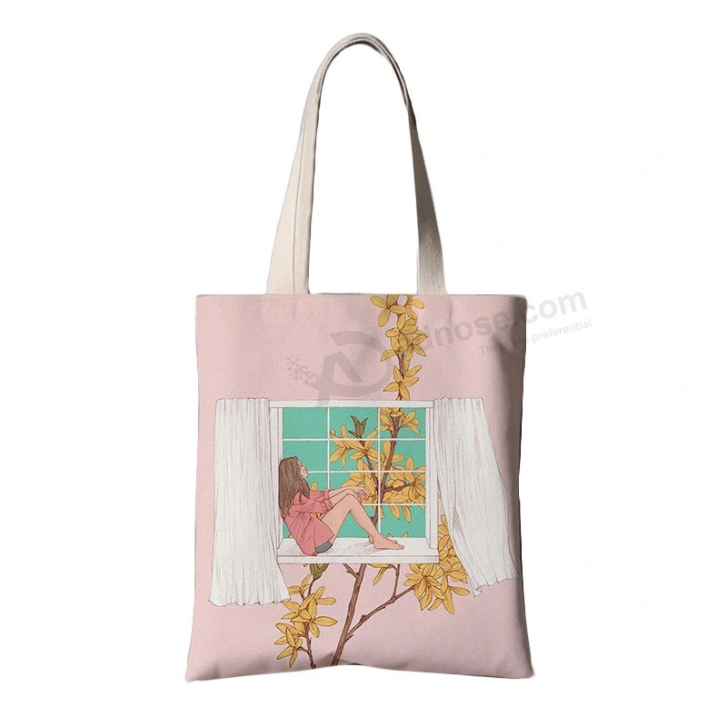 Customized Printing Promotional Long Handle Tote Shopper Calico Cotton Canvas Shopping Bag