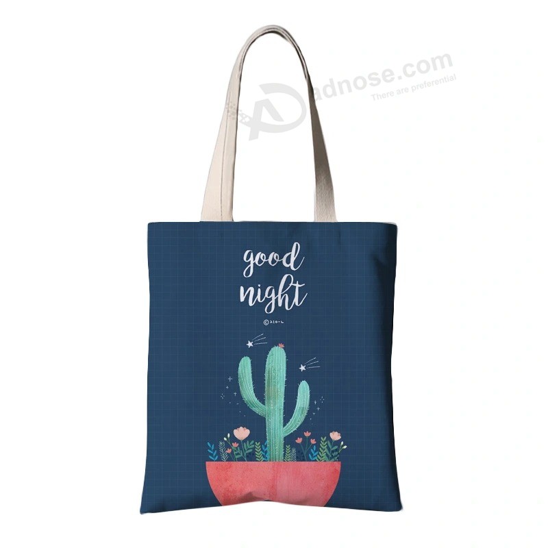 Customized Printing Promotional Long Handle Tote Shopper Calico Cotton Canvas Shopping Bag