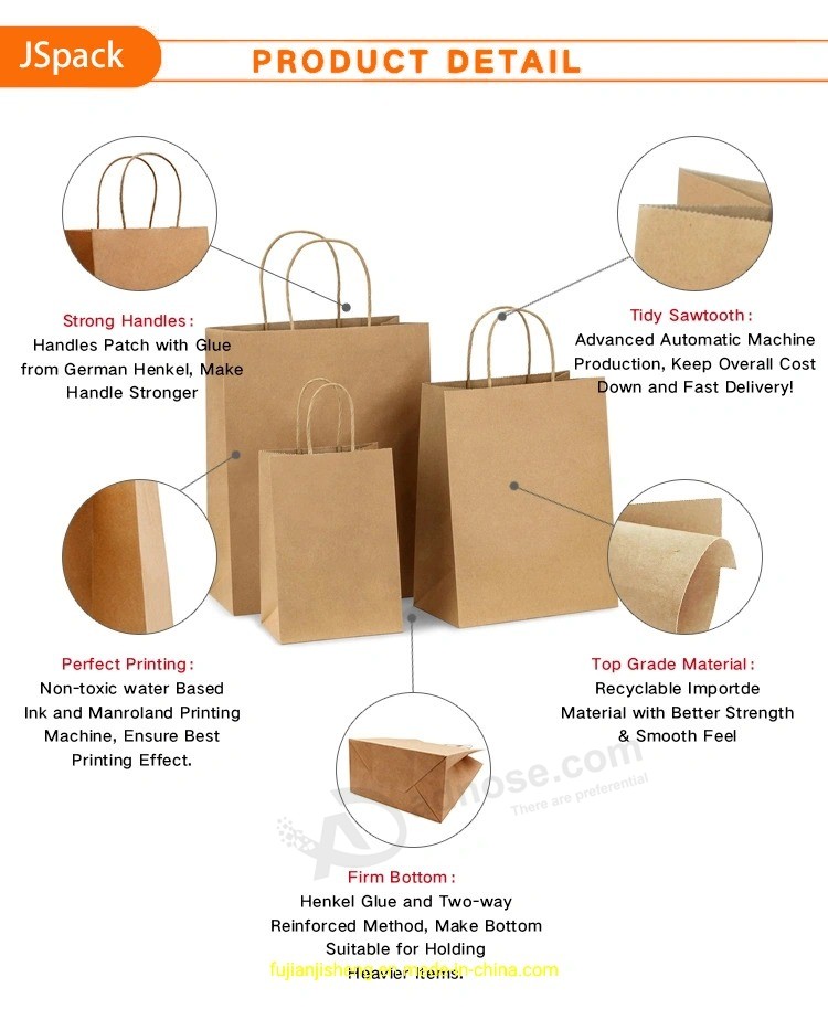 Custom Logo Printing Food Take Away Brown Kraft Paper Bag with Handle