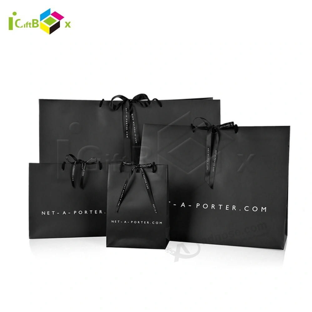 Custom Design Luxury Matt Black Customized Logo Printed Tote Carrier Paper Kraft Shopping Gift Packaging Paper Bag with Rope Handle for Cosmetic/ Clothing/ Gift