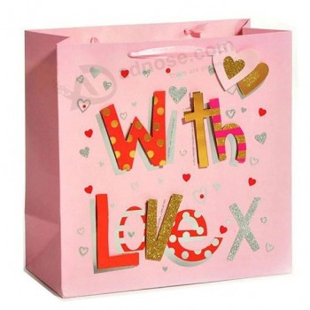 Free Sample Custom Logo Luxury Pink Cardboard Paper Bag with Ribbon Handle