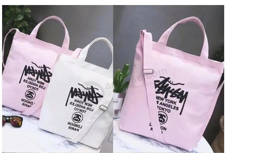 Customized Logo Pink White Women Custom Cotton Canvas Tote Bag