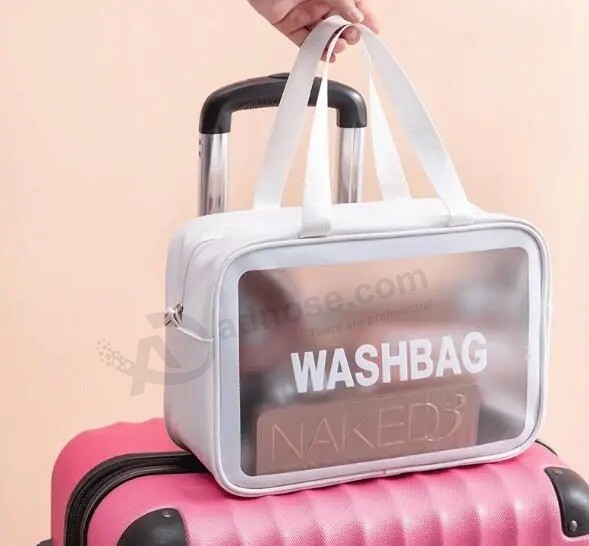 Custom Logo Travel Transparent Vinyl Waterproof Beach Zipper Cosmetic Bag Pouch Tsa Clear TPU PVC Toiletry Bag with Handle