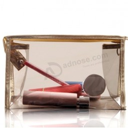 Impresión promocional del logotipo de PVC transparente Bolsa de cosméticos transparente de plástico con borde no tejido