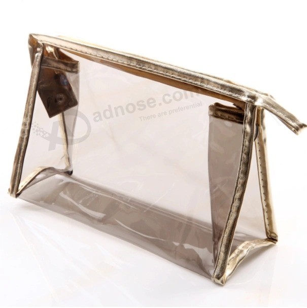 Promotional Customize Logo Imprint Transparent PVC Plastic Clear Cosmetic Bag with Non-Woven Edge