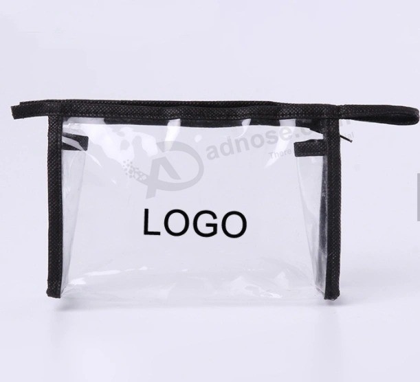 Promotional Customize Logo Imprint Transparent PVC Plastic Clear Cosmetic Bag with Non-Woven Edge