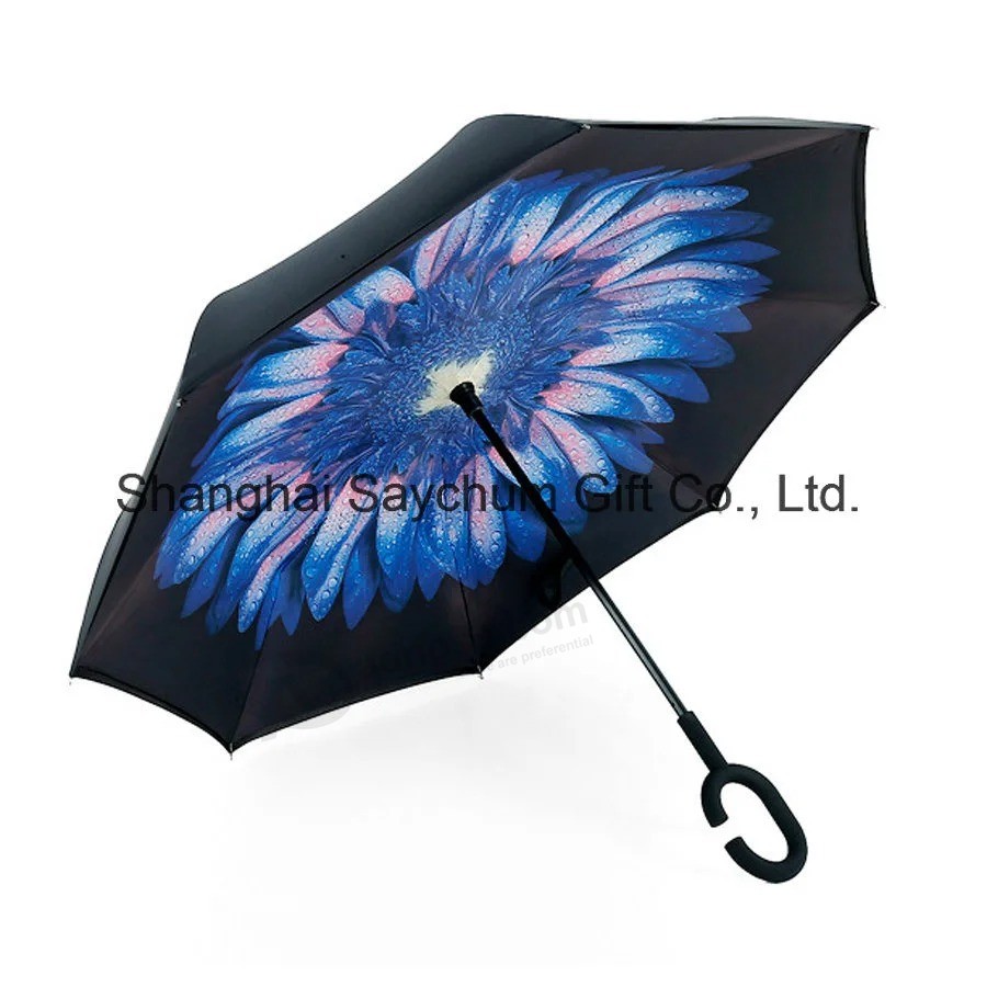 Custom Logo Reverse Umbrellas Folding Double Layer Inverted C Hand Holder Stand Umbrella