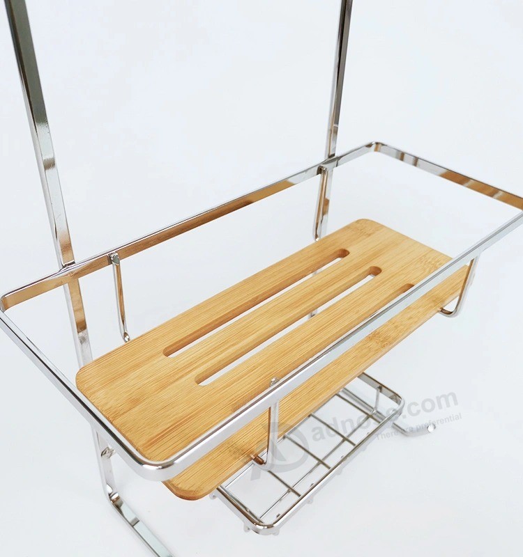 Metal Bamboo Bath Shower Caddy Bathroom Storage Basket with Hook