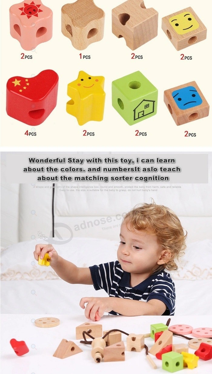 Wooden Lacing Geometric Shape Blocks Set Toy for Kids 1 Year up Educational Shape Color Sorter Wooden Stacking Toy for Baby Boys Girls Toddlers with Storage Box