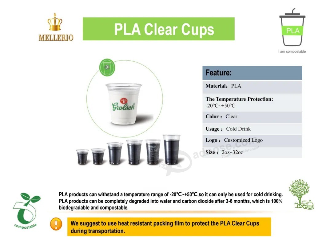 Eco Friendly Custom Logo Printing Compostable Disposable 100% Biodegradable PLA Cups