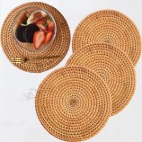 Manteles individuales de ratán natural tejido a mano para mesa de comedor, alfombrillas decorativas resistentes al calor para colchonetas de cocina, diámetro redondo 35 cm