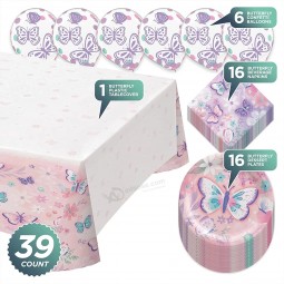 Schmetterling Party Flattern Blumenpapier Dessertteller, Servietten, Tischdecken und Luftballons Set (für 16 Personen) Partygeschirr