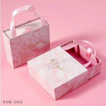 Aangepaste Logo Afdrukken Lint Handvat Sieraden Geschenkverpakking Mode Marmer Papier Kartonnen Lade Dozen