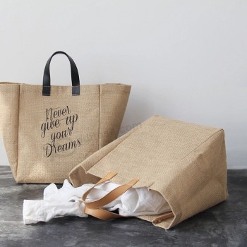 Personalizzato Stampato Eco Organico Riutilizzabile Grande Shopping Tote Sacco di Juta con Manici In Pelle