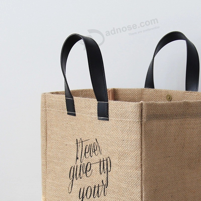 Custom Printed Eco Organic Reusable Large Shopping Tote Burlap Jute Bag with Leather Handles